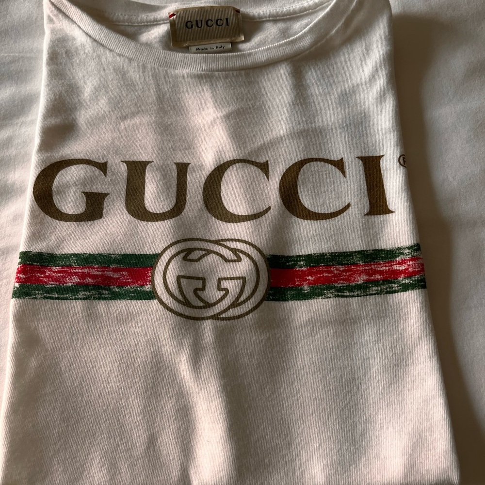 Authentic Gucci White Tee with Gold Logo and Green-Red Stripes